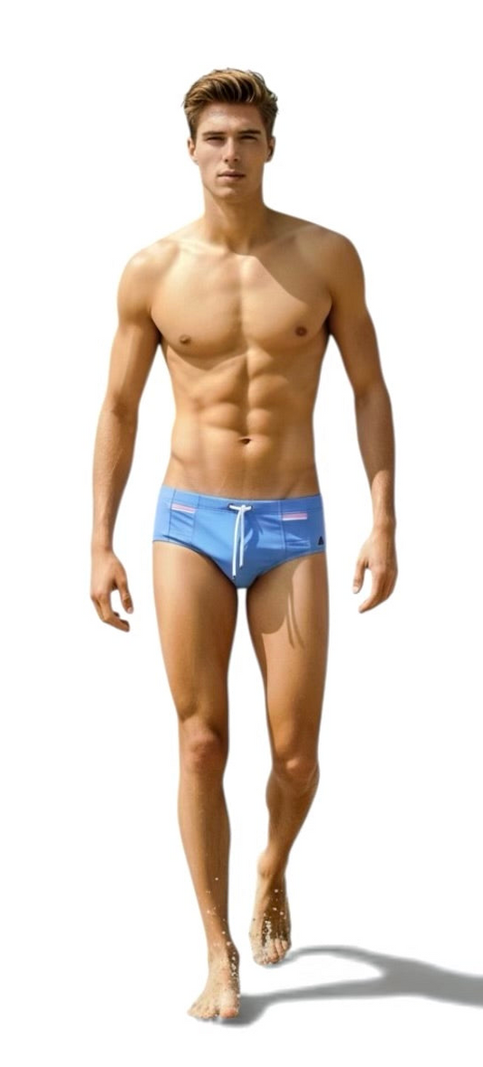 Lachlan Low Rise Swim Brief - Ocean Azure l Pink Trim