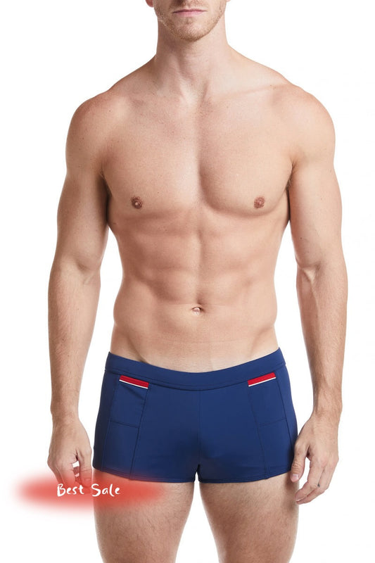 Best Seller - Navy - LANGSTON Square Cut Swim Brief with Red Trim