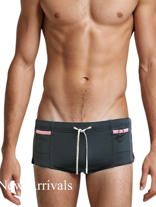 Grey - LACHLAN Low Rise Swim Brief with Pink Trim