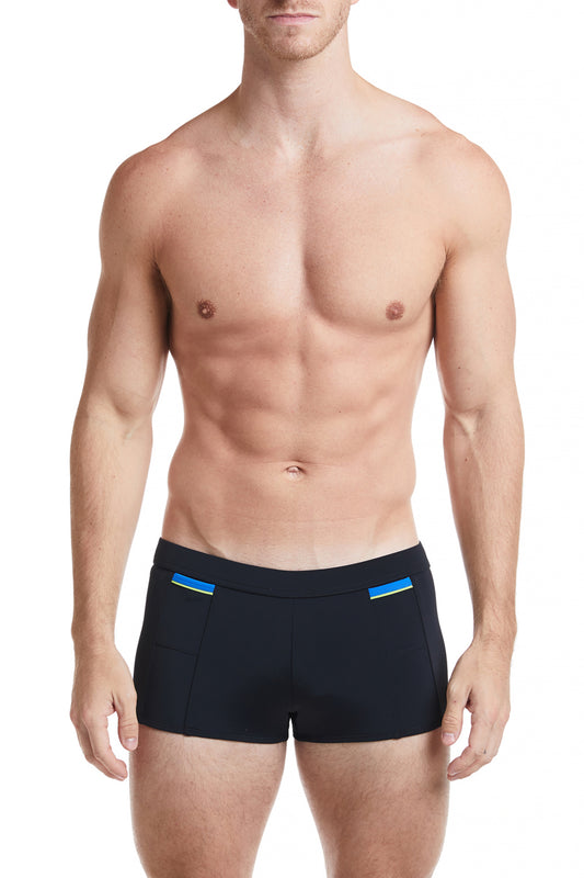 Black - LANGSTON Square Cut Swim Brief with Cobalt Trim