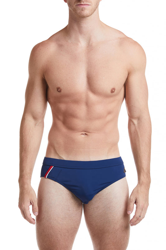 Navy - CAMDEN Low Rise Bikini Swim Brief with Red Trim