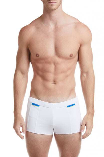 White Square Cut Swim Brief with Cobalt Trim