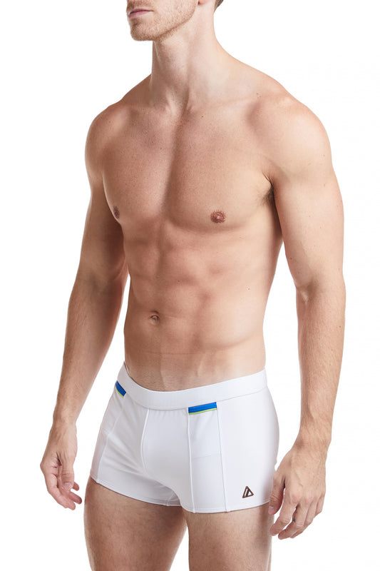 Best Seller - White - LANGSTON Square Cut Swim Brief with Cobalt Trim